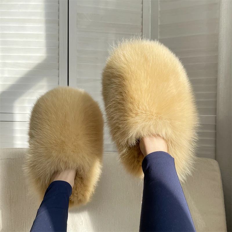 New Arrival Soft Luxury Brown Brown Big Size Raccoon Fur Slides Fox Fur Slippers