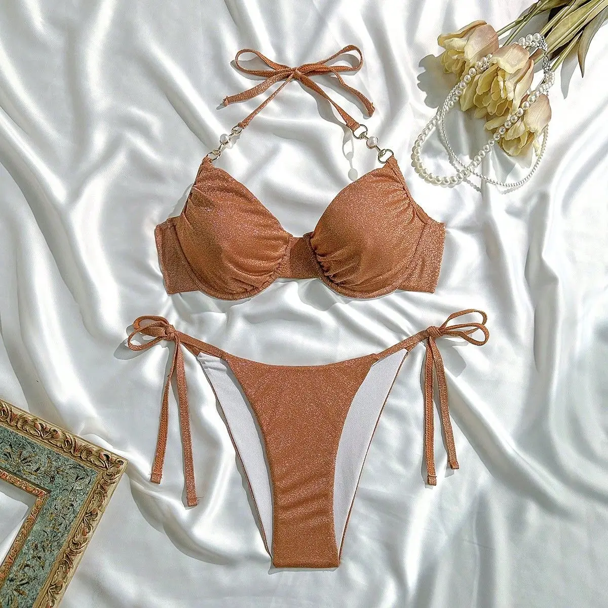 Sexy giltter marrom push up halter bikinis define duas peças tanga maiôs conjunto de biquíni tankini beachwear biquini