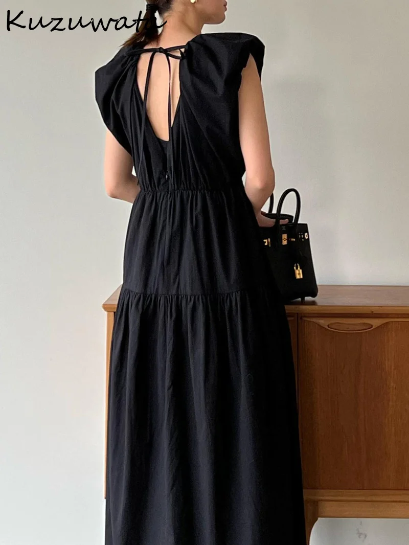 

Kuzuwata Round Neck Drawstring Sleeveless Vest Dress Japanese Style Loose Casual Femme Robe 2024 Summer New Solid Folds Vestidos