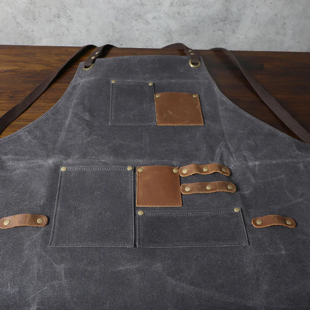 S.WORKER Leinwand-Arbeitsschürze mit Echtem Leder für Friseure und Gärtner, Professionelle Schürze mit Verstellbarer Taille und Taschen – Detail 8