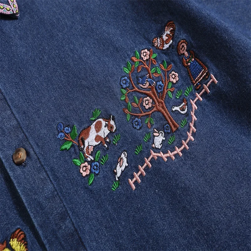 Cartoon Embroidery Cargo Shirts Mens Summer Retro Casual Streetwear Lapel Single Breasted Short Sleeve Denim Shirt Men Clothing