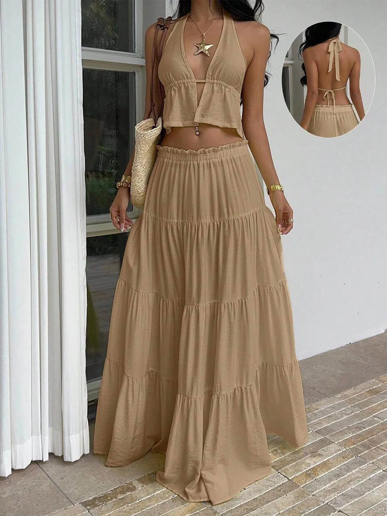 Women Halter Deep Cutout Backless Cropped Top High Waist Elastic Waist Tiered Flowy Maxi Skirt Two Piece Vacation Daily Matching Outfit