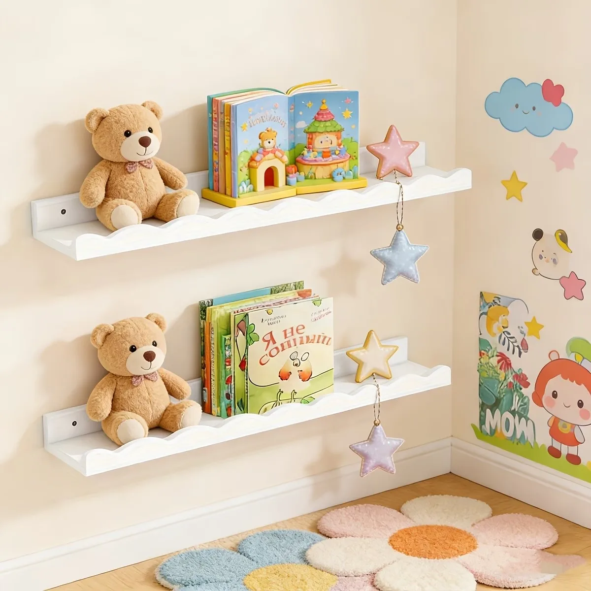 1 Pack Scalloped Wooden Floating Wall Shelves Decorative Wall Mounted Storage Organizer for Bedroom Kids Room, Bathroom & Plants