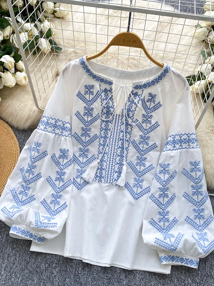 بلوزة نسائية مطرزة للخريف بأكمام طويلة قميص ريترو بوهيمي نمط التعادل صبغ فانوس كم فضفاض أنثى شابة Blusa BL244