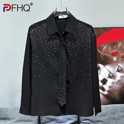 PFHQ Korean High Street Design Tie Shirt New Men's Versatile Summer Casual 2024 Turn-down Collar Long Sleeve Male Tops 21Z5302