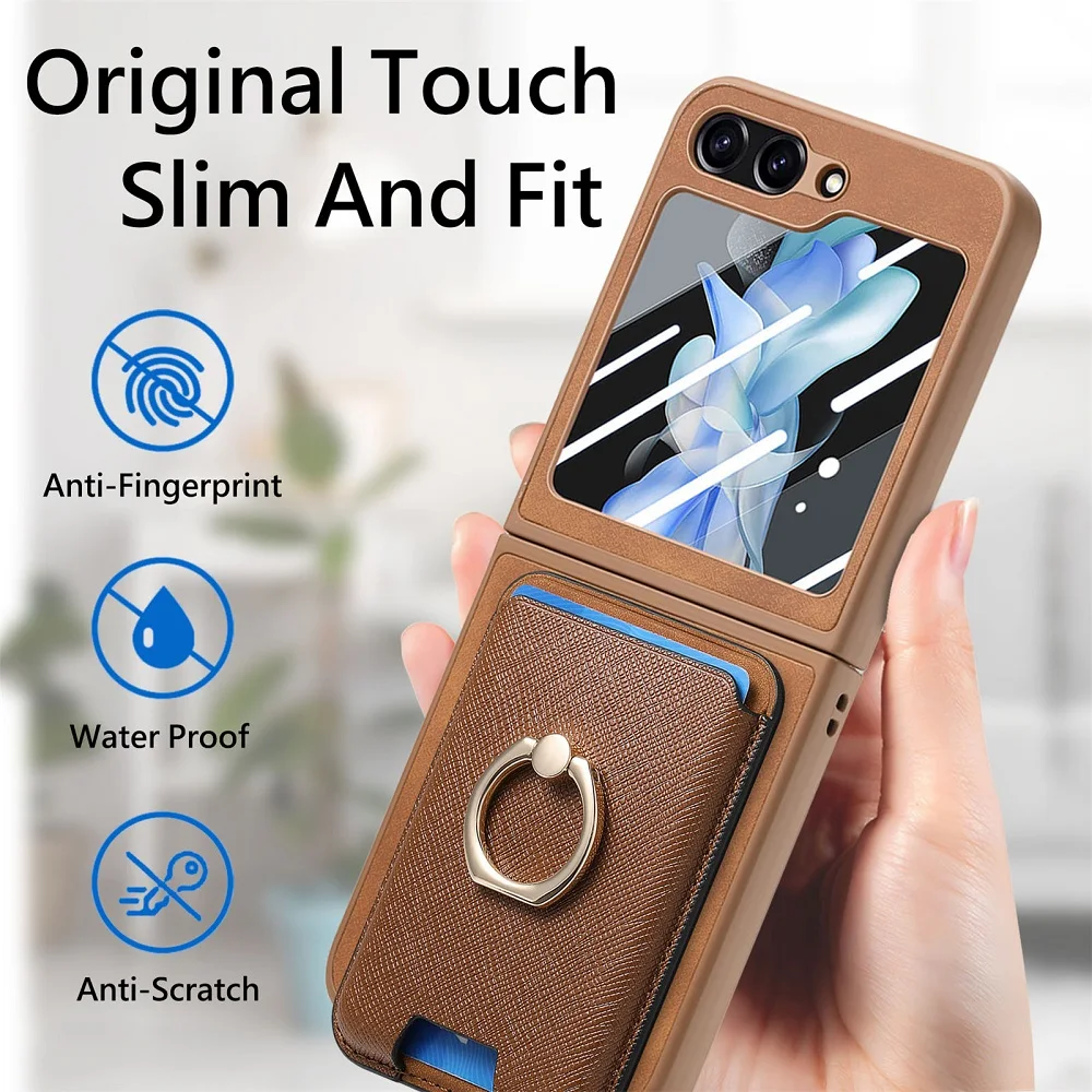 

For Samsung Galaxy Z Flip 6 5 Case Leather Detachable Magnetic Card Holder With Ring Kickstand Small Screen Protection Cover