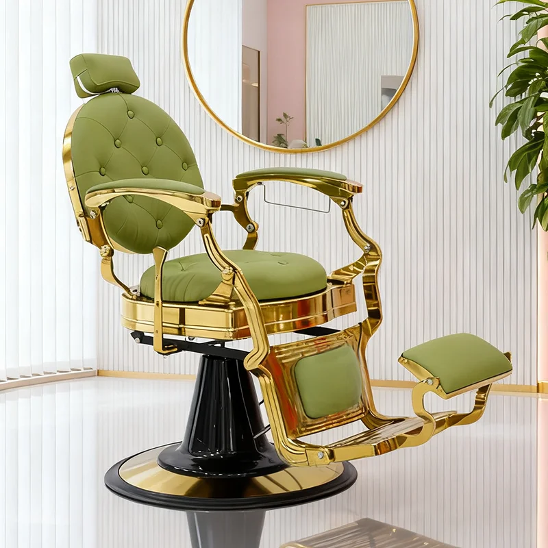 Muebles de salón de belleza con Base de oro verde de lujo, silla de estilismo de peluquería capitoné, bomba hidráulica, silla de barbería