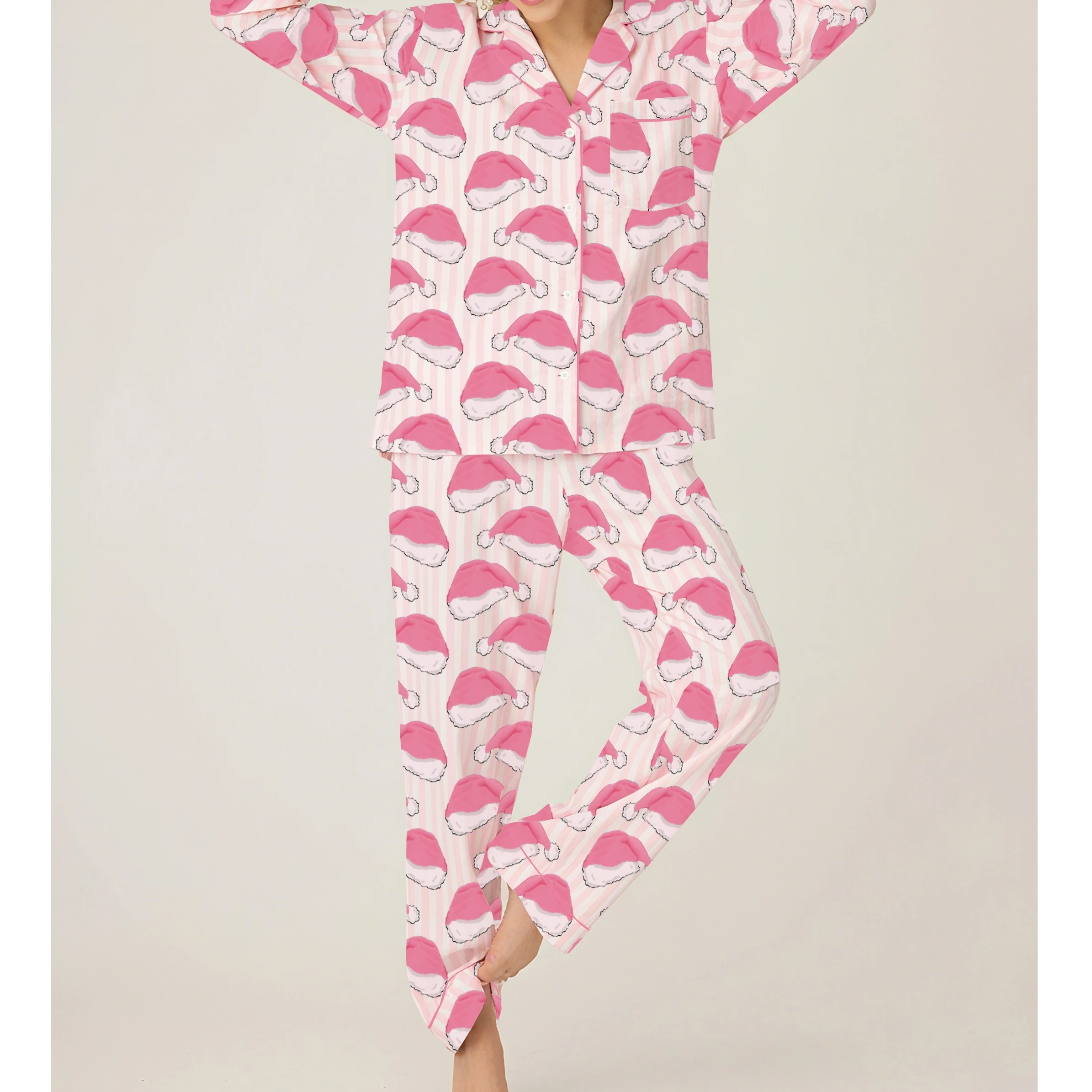 

Женский рождественский пижамный комплект с длинным рукавом и отложным воротником, топы с принтом конфетной трости и брюки с эластичной резинкой на талии, комплект одежды для отдыха из 2 предметов