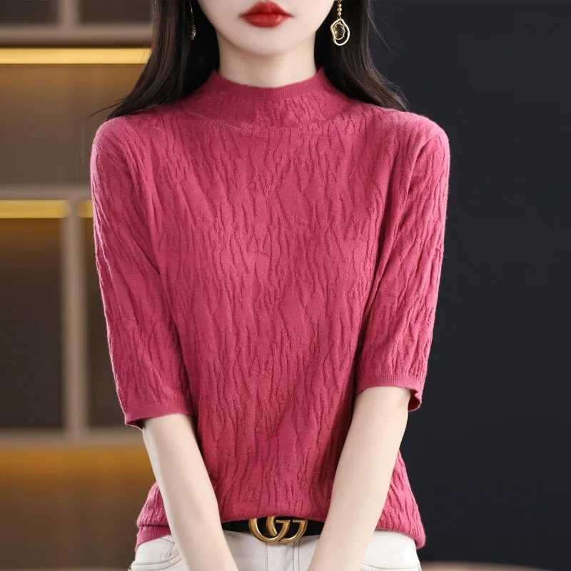 

Summer New 00 Woolen Camere Knitted Top Women's round Ne ort Sle Five Sve f High Collar Trendy Base irt