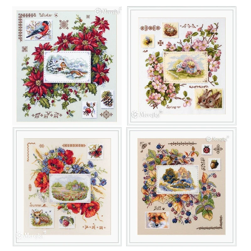 Amishop Counted Cross Stitch Kit Spring Summer Autumn Fall Winter Sampler Four Seasons Flowers Bird Bunny Poppy Merejka K-119