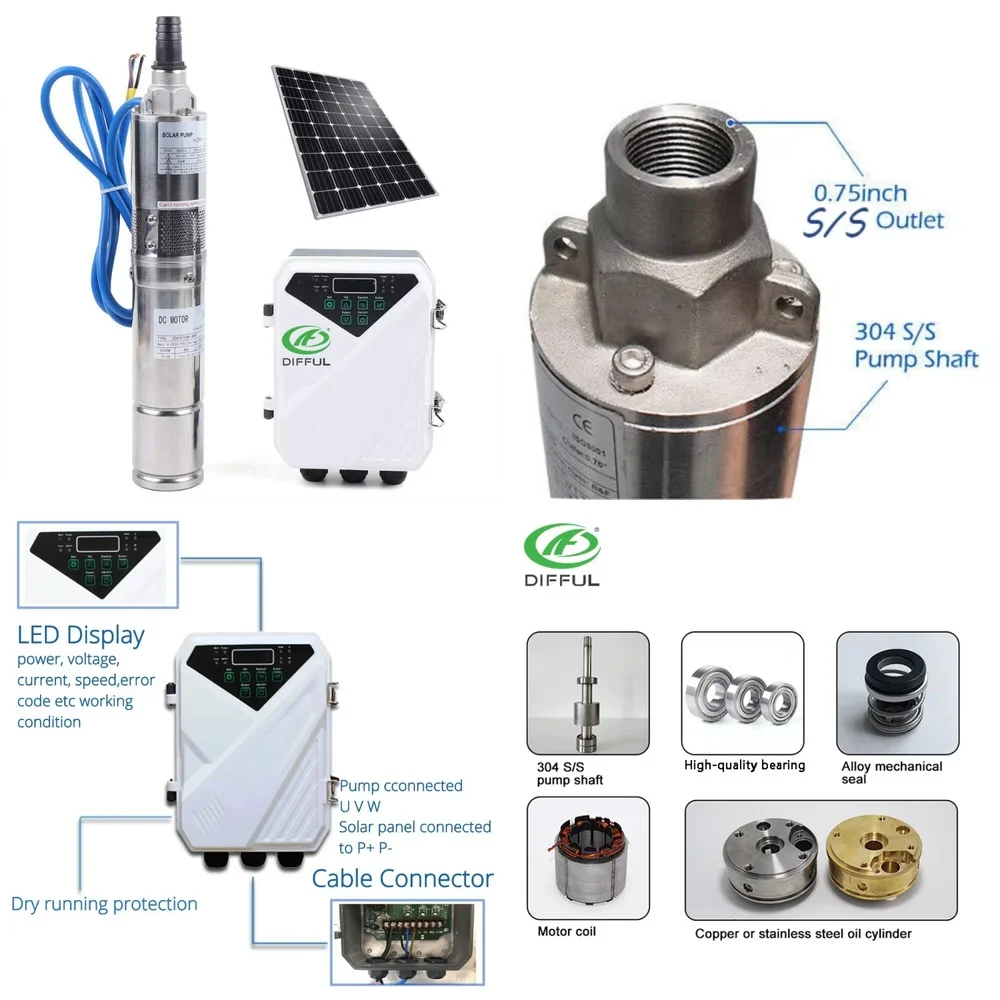 TengFeiHigh Pressure Submersible Solar Water Pump for DC 48V Systems 120m Deep Well Irrigation Farming Off Grid Home Use