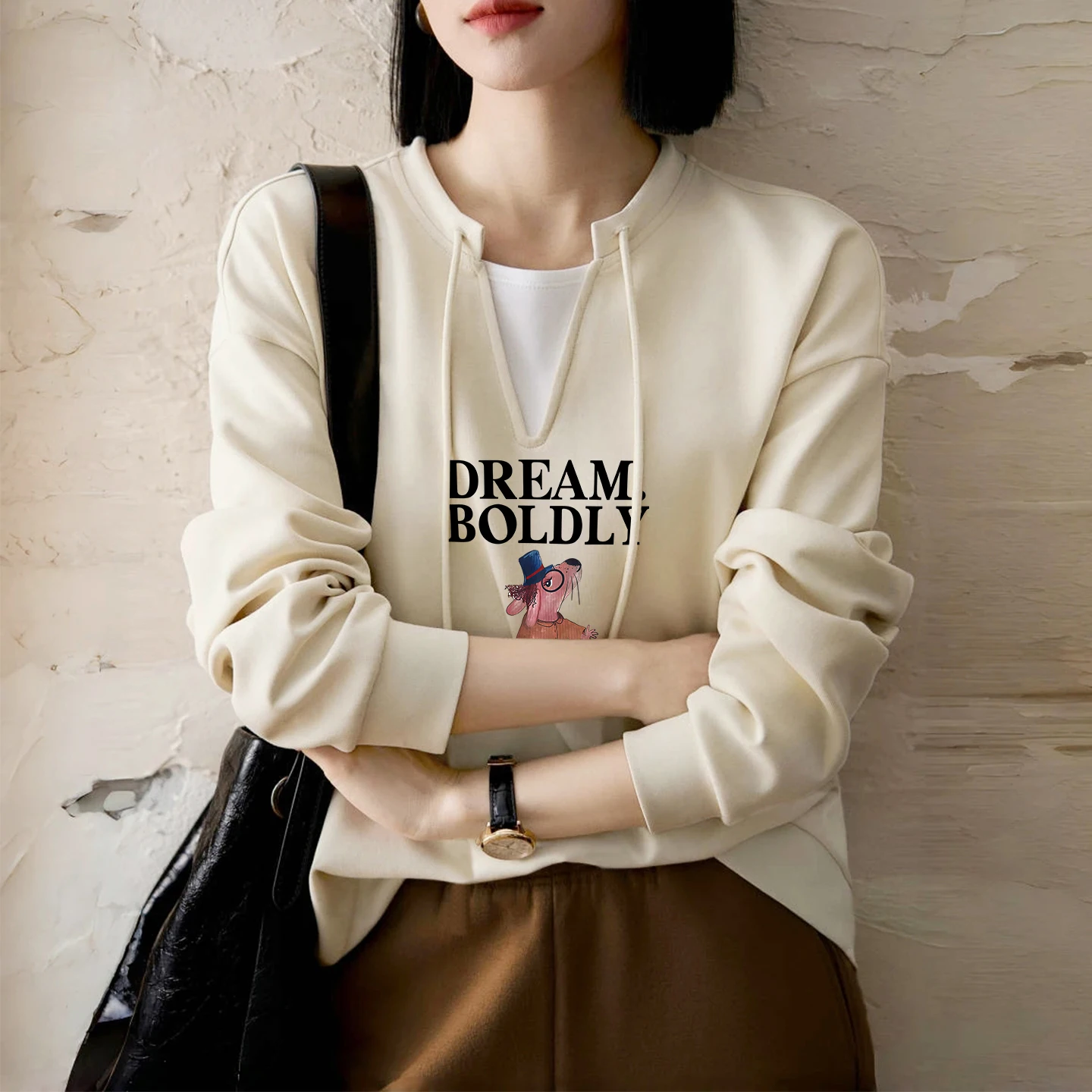 Faionable Pure Cotton Sweatirt Autumn Print Casual Versatile Women's Top Label Removed Button up Artistic Sle Long Sve