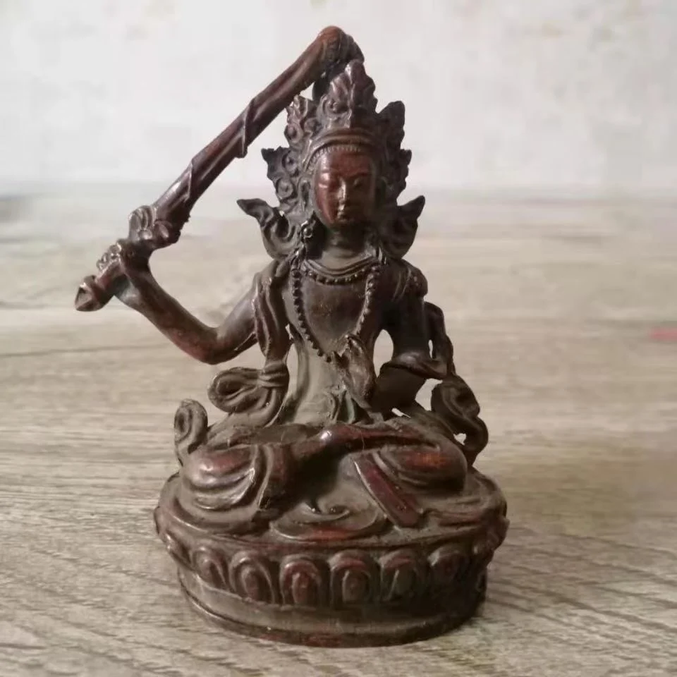 Old Bronze Manjushri Bodhisattva Bronze Statue Worshipping Buddha Statue Old Objects Hidden  Manjushri Worshipping Buddha Statue