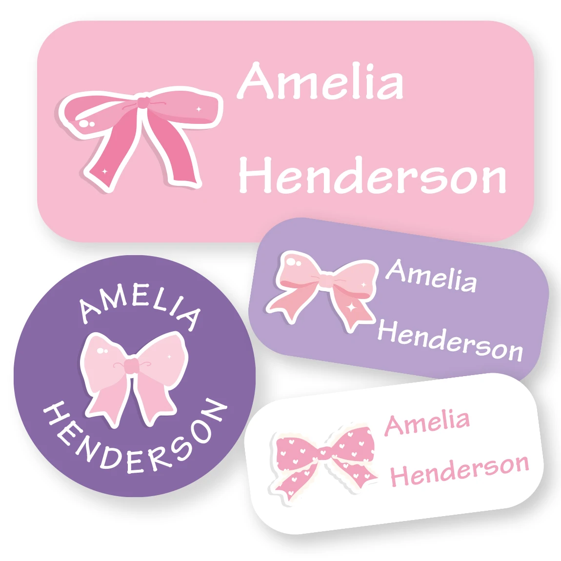 

130pcs Custom Name Label Stickers, Bow Design Waterproof Round & Rectangle Mixed Sizes for Clothes, Cups, Lunch Boxes, Storage
