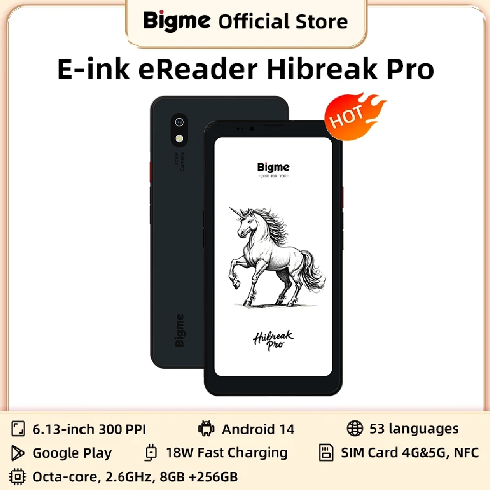 Bigme Hibreak Pro Ebook Reader Pantalla de tinta electrónica de 6,13 pulgadas 300PPI, CPU de dimensión 1080, 8 GB + 256 GB, ereader de sistema abierto Android 14 con NFC