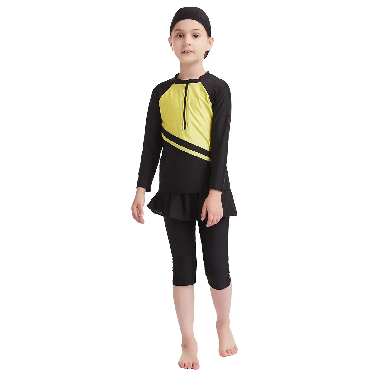 

Girls Modest Swimsuit Muslim Kids Burkinis Hijab+long Sleeve+Short Skirt Swimming Bathing Diving Suit Islamic Rash Gurads Outfit