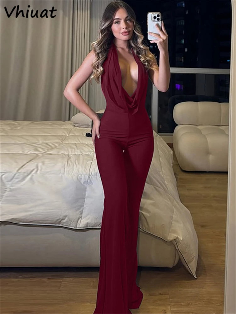 

Vhiuat Women Sexy Jumpsuits New Sleeveless Solid Bodycon Backless Rompers Fashion Elegant One Pieces Streetwear Sporty Overalls