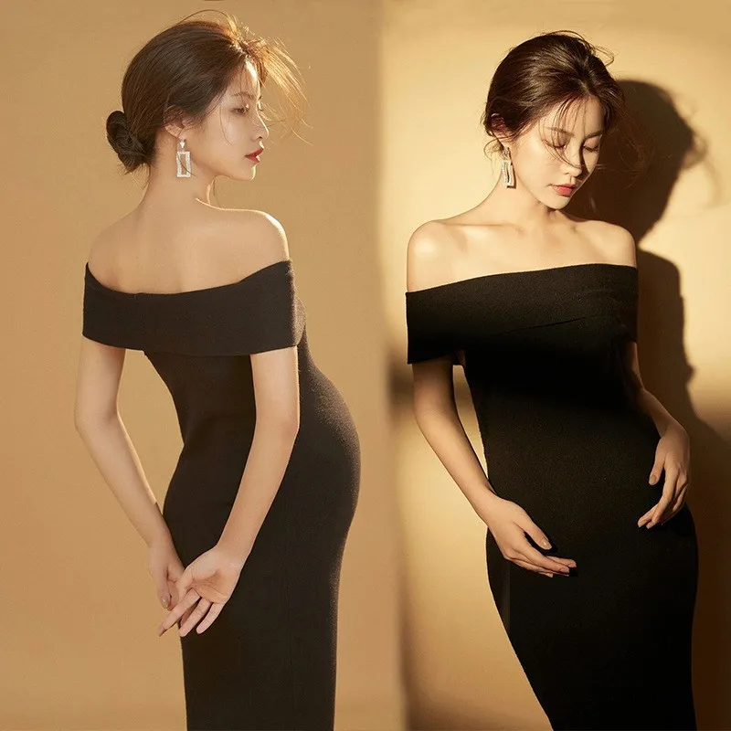 

Black Sexy Maternity Dresses Photography Props Knitted Pregnancy Clothes Photo Shoot For Pregnant Women Baby Shower Party Dress