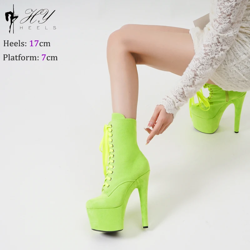 17cm Neon Green Suede Pole Dancing Boots High Heel Platform Ankle Booty for Women Autumn Winter Fashion Sexy Knight Female Shoes