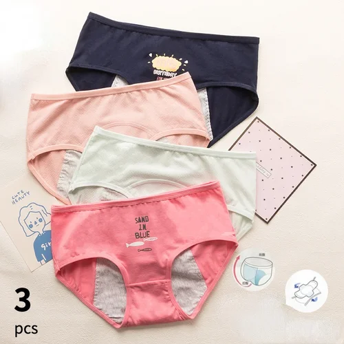 Ropa interior de período de dibujos animados para niñas, bragas menstruales a prueba de fugas para adolescentes, ropa interior lavable reutilizable absorbente de 4 capas, 3 uds.