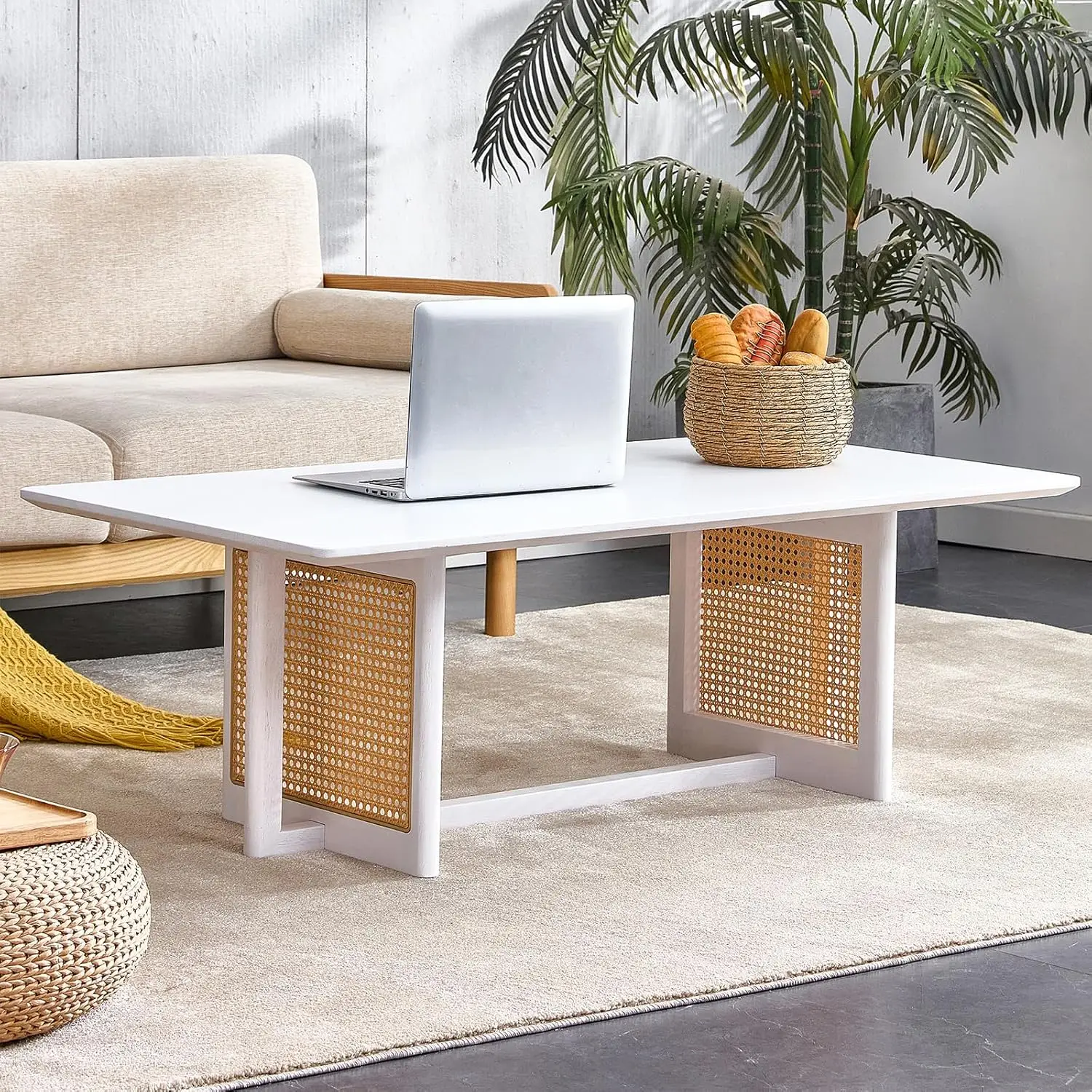 

Modern Imitation Rattan Coffee Table Rectangular Solid Wood Table Top Cross Table Legs For Living Room Bedroom Office （White）