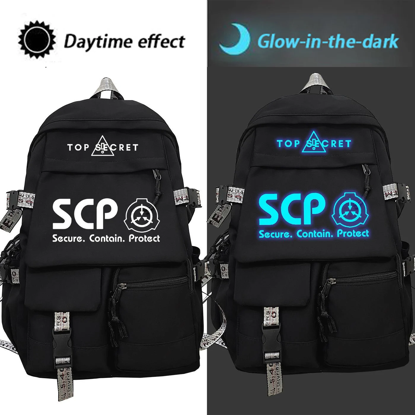 Glow-in-the-dark, Black, SCP Foundation, Student Kids Teens School Bags, Large Capacity Mochilas Anime Backpacks for Girls Boys