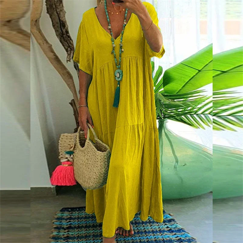 Women Solid Color Deep V Neck Pullover Dresses Summer Short Sleeve Loose Waist Dress Female Comfortable Casual Pleated Long Gown