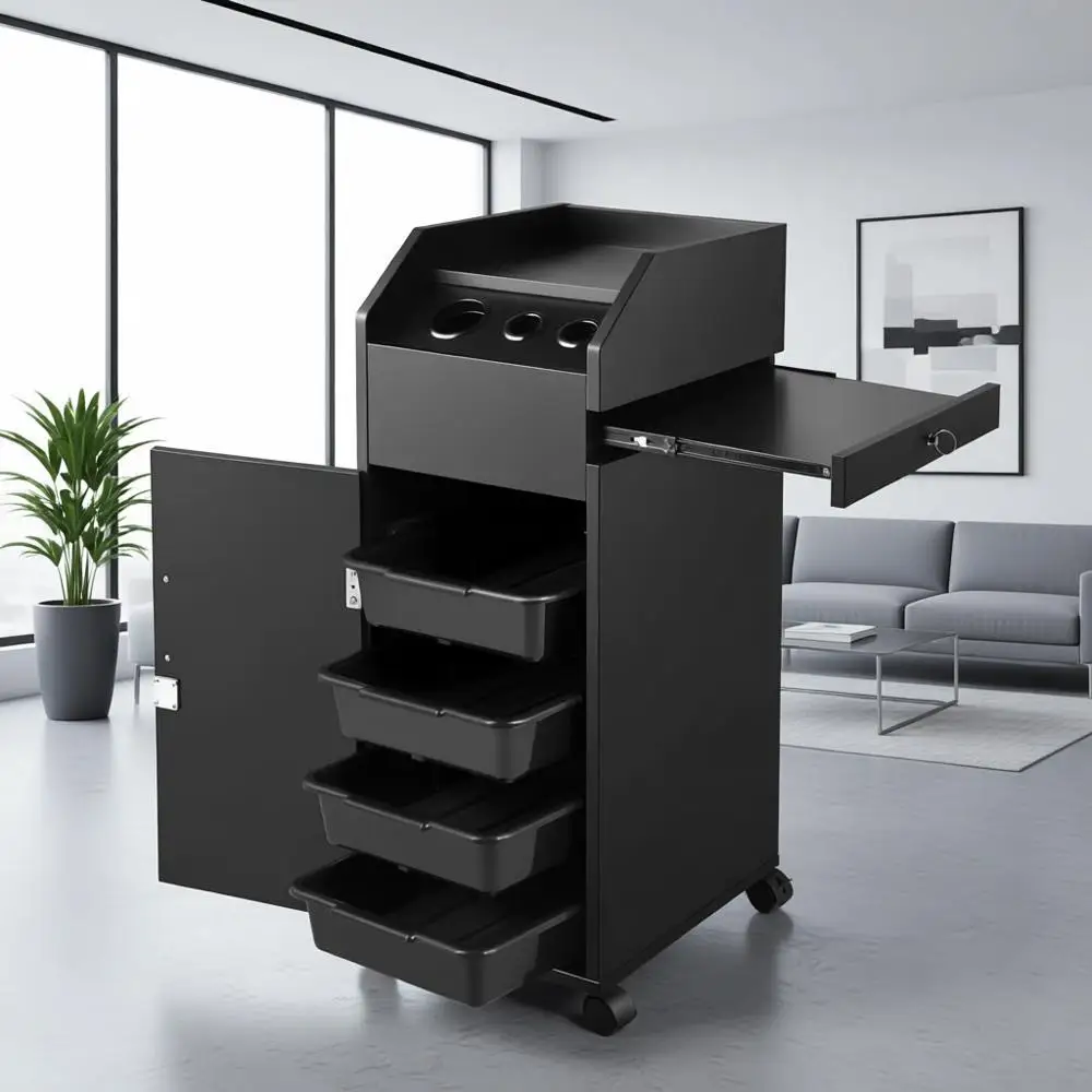 

Mobile Trolley Storage Cart with Hair Dryer Holders, 4 Drawers, Side Tray, Key and Lockable Wheels, Ideal for Beauty SPA and Tat