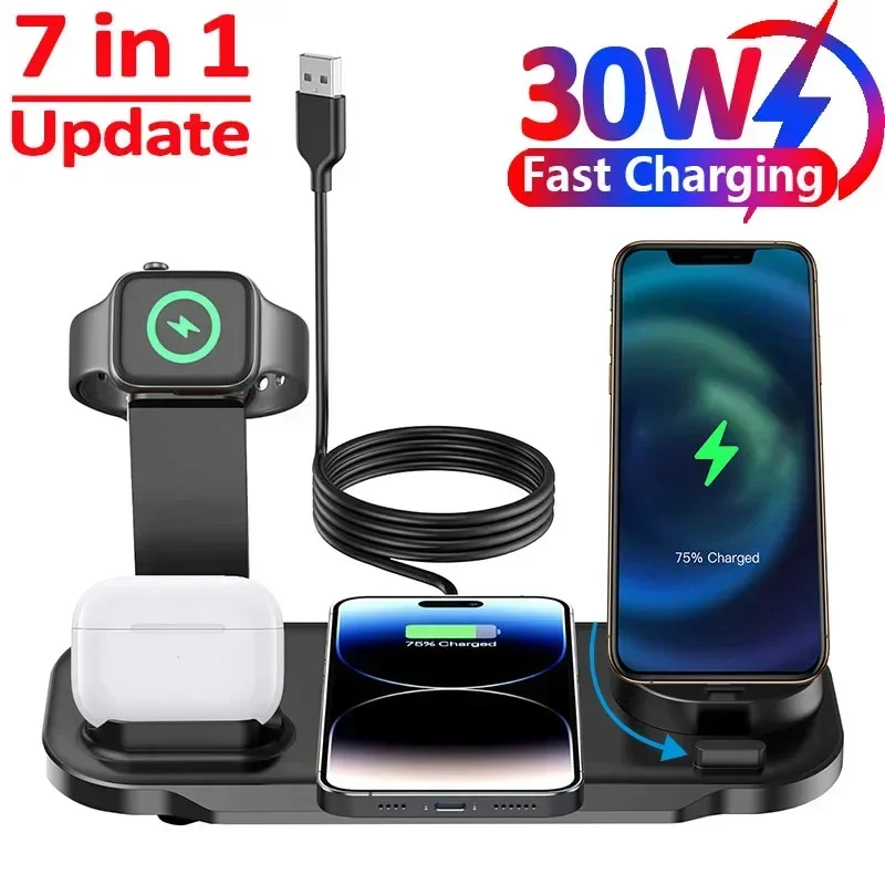 30W 7 in 1 Rotate Wireless Charger Stand Pad For iPhone Samsung Xiaomi Apple Watch 8 7 6 Airpods Pro Fast Charging Dock Station