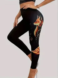 Cute little fox print stretch slim-fit elastic waist tight casual leggings for women