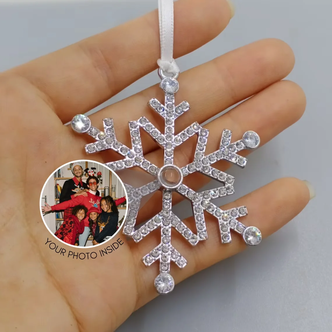 Pingente de natal personalizado, projeção de floco de neve, ornamento de foto, pingente de imagem personalizada, fita, presente memorial do dia dos