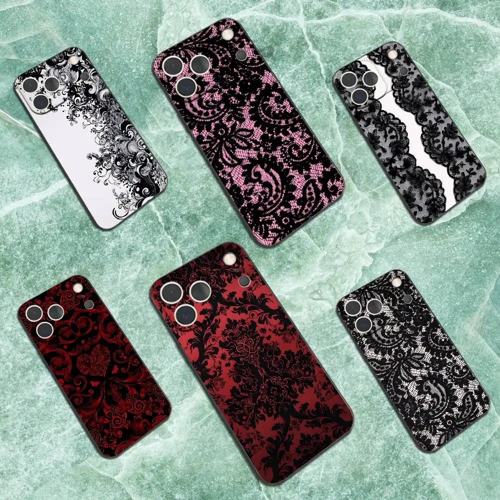 

Hot Black lace New Print Phone Case For iPhone 17,16,15,14,13,12,11 Plus,Pro Max,XS,X,XR,SE,Mini,8,7,Soft Silicone Black Cover