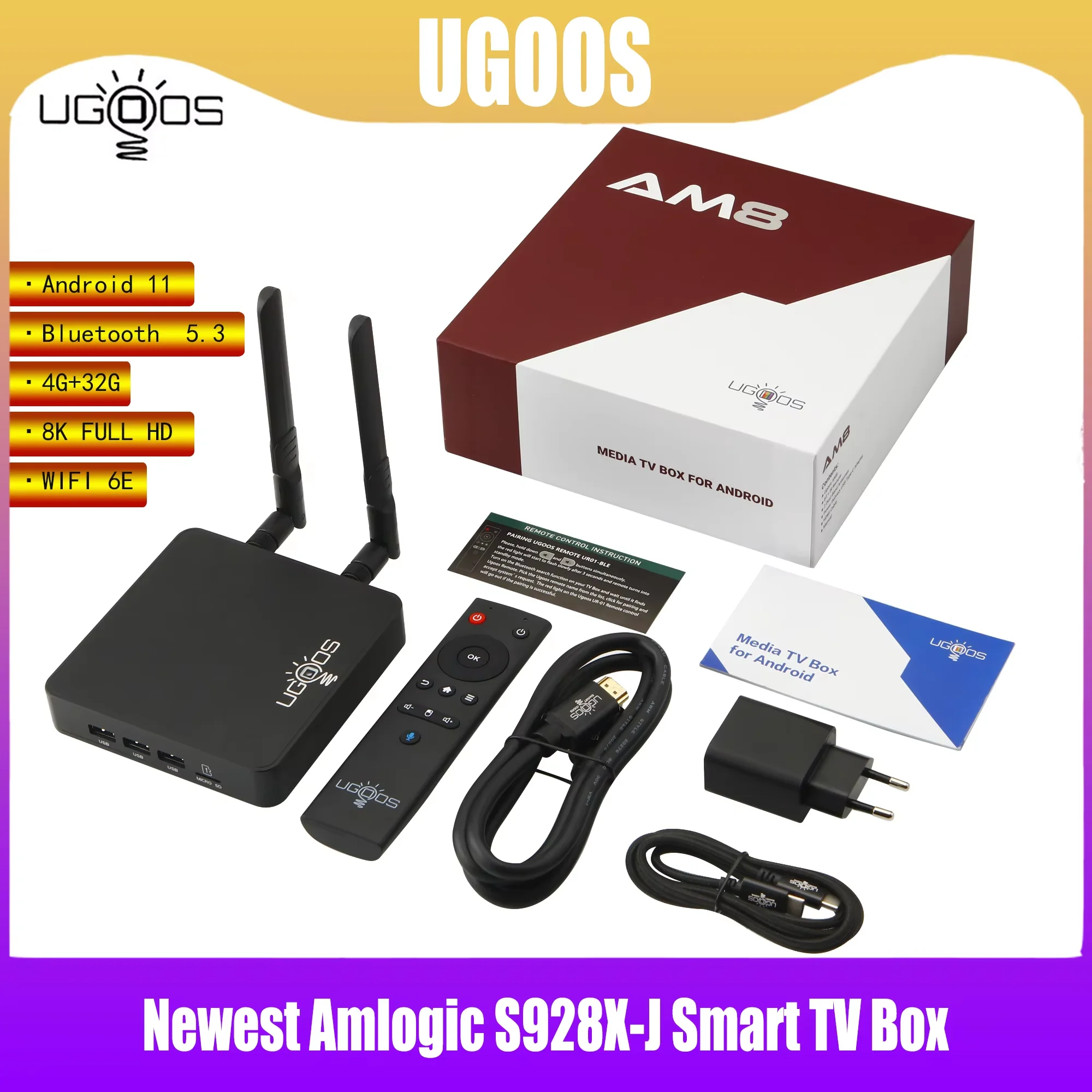 

Ugoos AM8 Pro Smart TV Box Android 11 Amlogic S928X-J 8 ГБ 64 ГБ WiFi6 BT5.3 1000M AV1 Dolby Поддержка Android Set Top Box Iptv