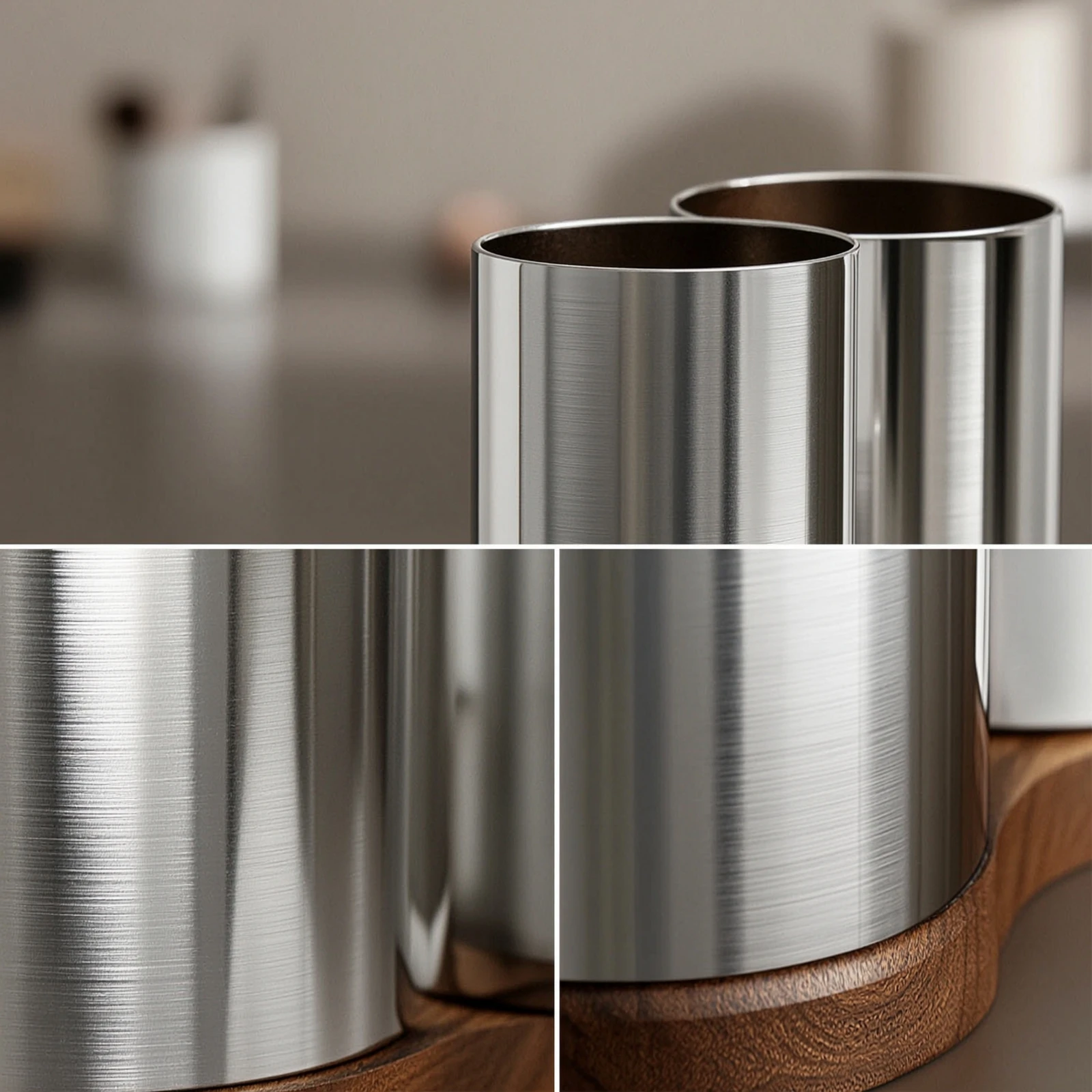 Desktop Organizer with Wood Base Modern 3-Compartment Pencil Cup Stationery Holder Mirrored Holder with Compartments Sleek