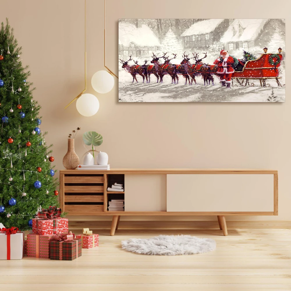 Framed Canvas Wall Art: Santa & Reindeer Painting, Chrismas Decor for Rooms - Ready to Hang.