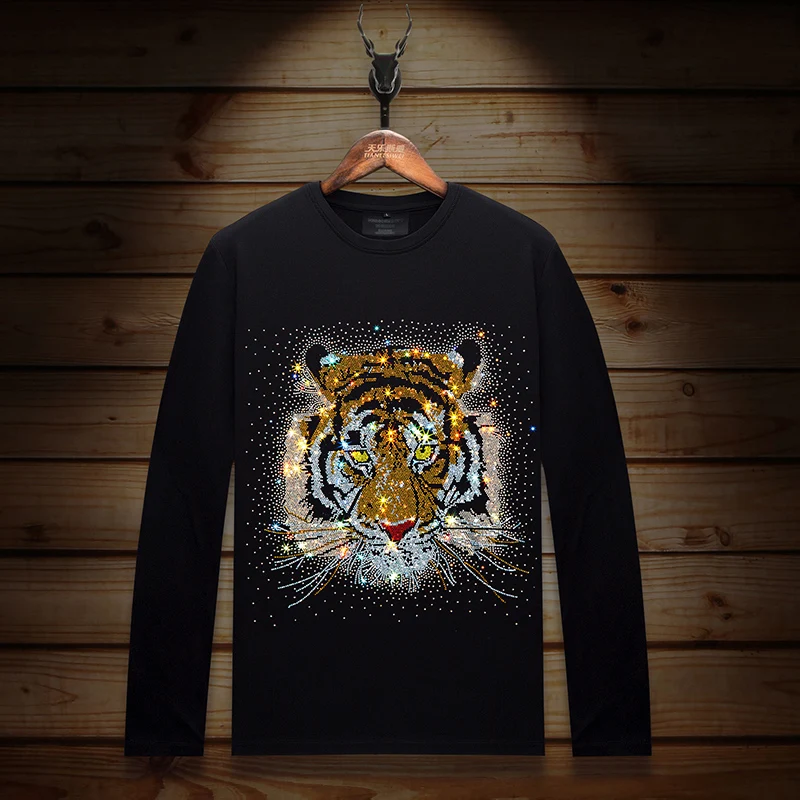 

Plus Size Fashion Rhinestones Animal T Shirt for Men Autumn Clothes O Neck Long Sleeve Slim Casual T-shirts Camiseta Masculina