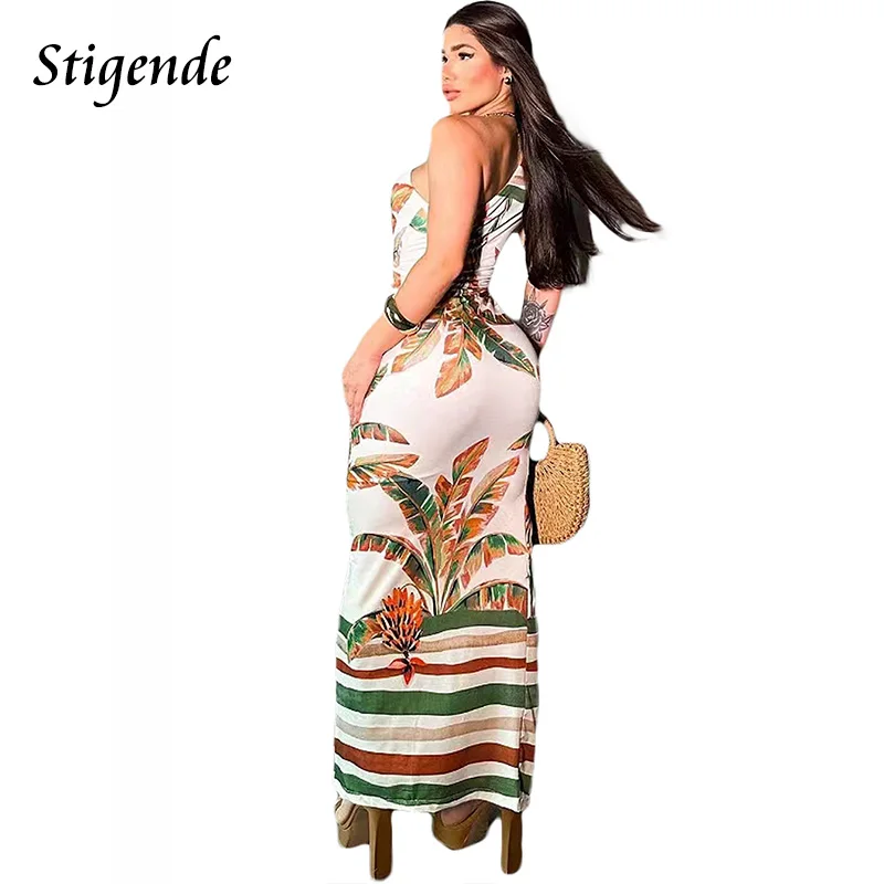 Stigende Women One Shoulder Palm Leaf Print Dress Sexy Side Split Open Front Irregular Long Dress