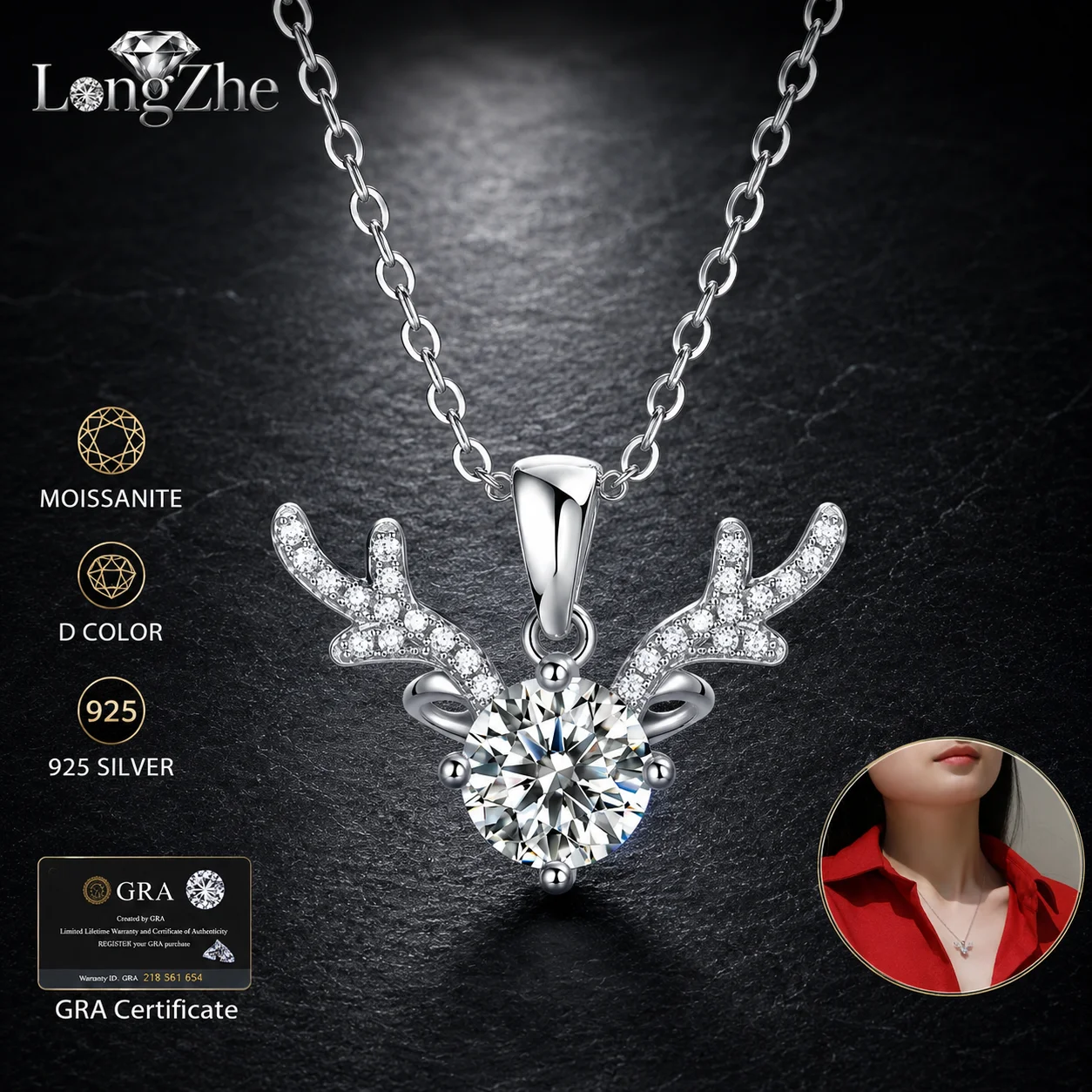 S925 Silver Moissanite Pendant Necklace 1CT Round Cut Deer Antler Pave Design for Women Holiday Birthday Jewelry Gift
