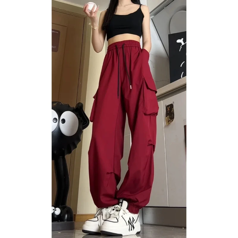 Commuter Solid Color Pockets Clothing Women\'s Elastic High Waisted Casual Loose Vintage Spring Autumn Cargo Trousers Pants