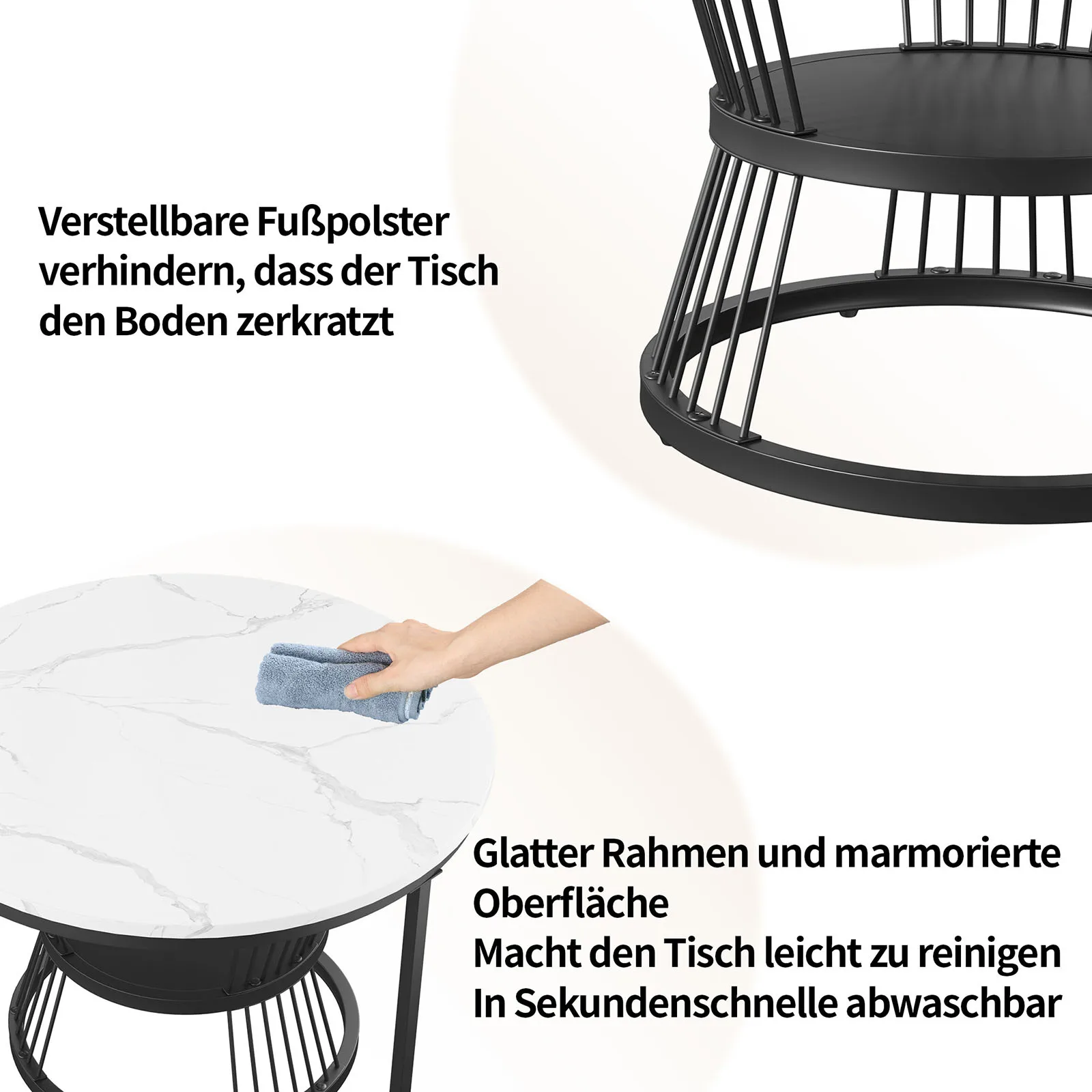 Couchtisch-Set mit 2 Stück, Beistelltisch-Set, Marmor-Furniermuster, Sofa-Beistelltische, runde Beistelltische, goldenes Gestell