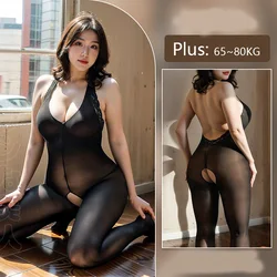 Plus Size lace backless Sexy lingerie woman open crotch jumpsuit socks with exposed grooves and black silk outfit sex body suit