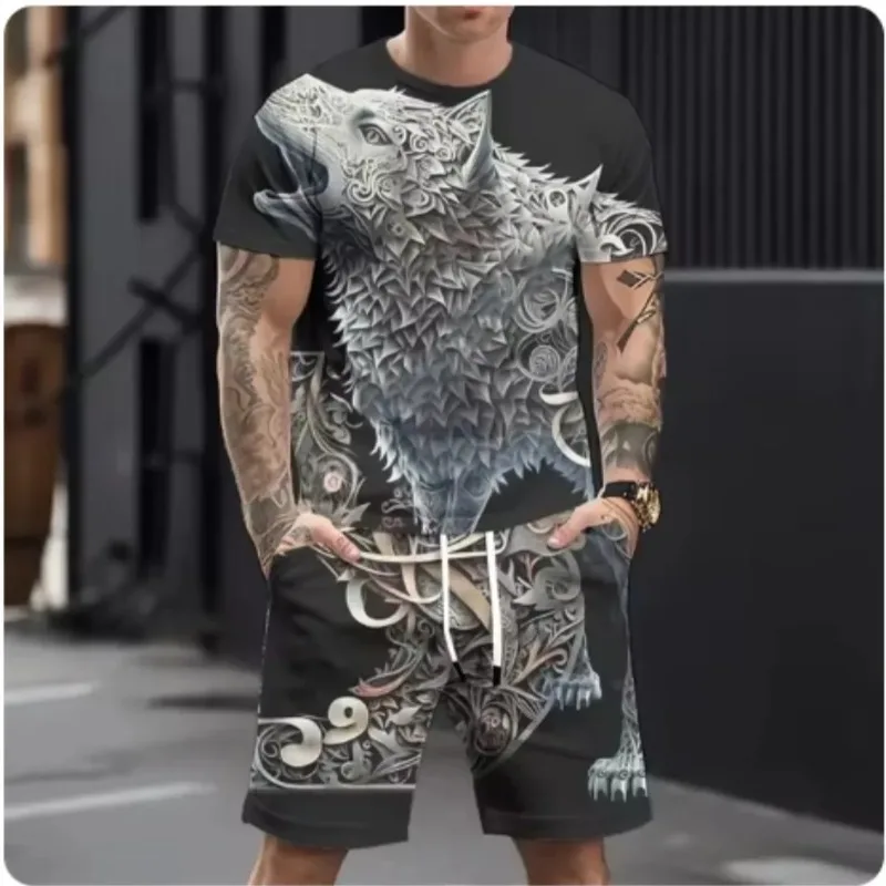 2025 Men's Casual 3D Printed Wolf Print Sports Suit Hot Selling Refreshing Style Summer Casual Breathable Ultra Loose