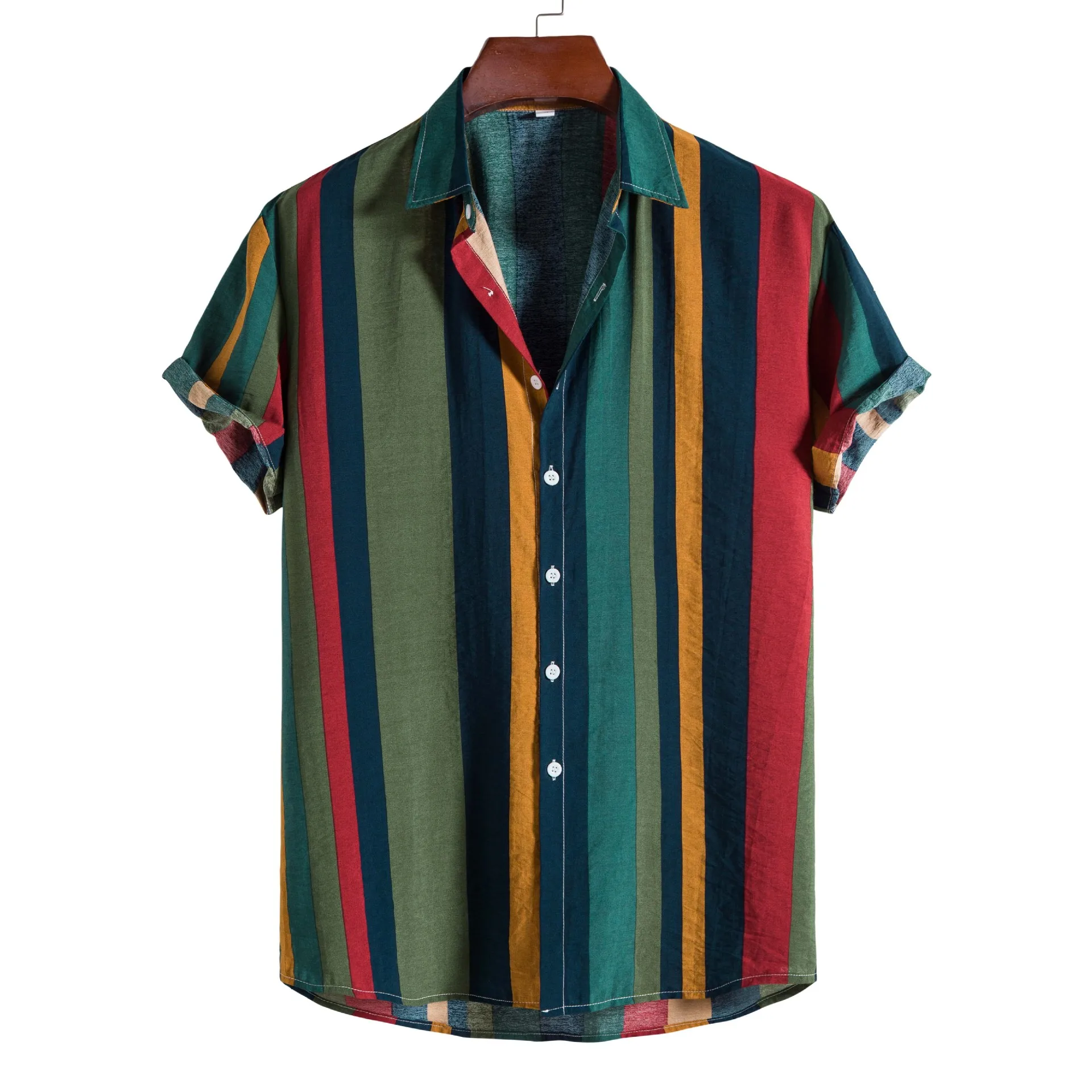 Vintage Colorful Striped Shirt Men Camisa Masculina 2023 Summer Short Sleeve Beach Shirts Men Party Vacation Hawaiian Shirt Male