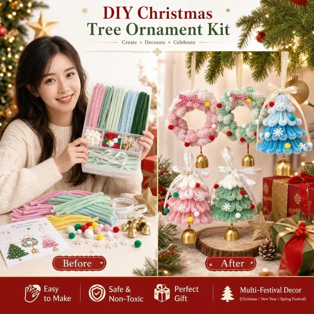 Weihnachtsornamente Chenille-Stäbchen Set Weihnachtsbaum-Hängedekoration Weihnachtswindspiel DIY Bastelzubehör Material-Kit Neujahr