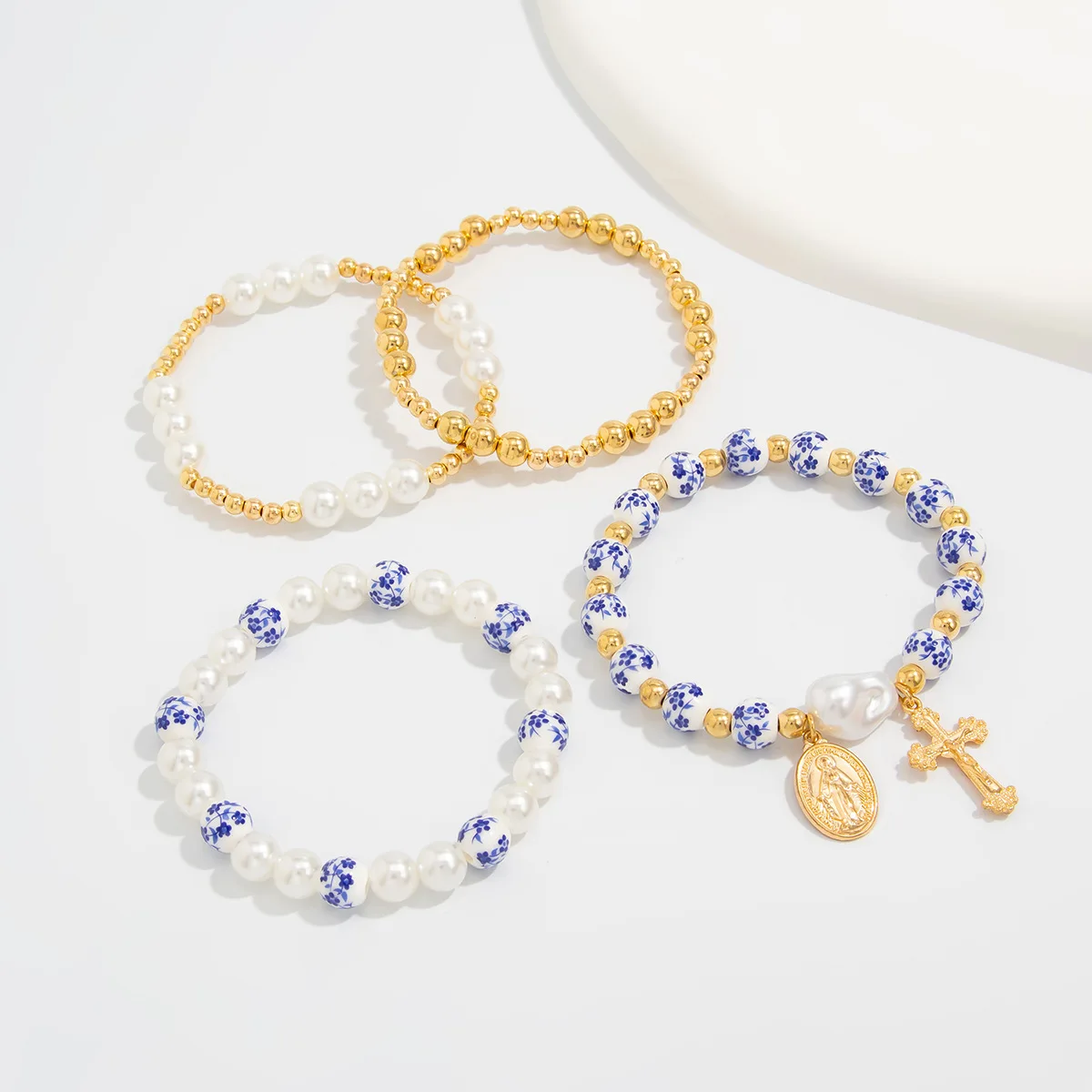 4pcs/set Blue and White Porcelain Imitation Pearl Bracelet for Women Handmade Gold Color Bead Hand Strings Cross Pendant Jewelry