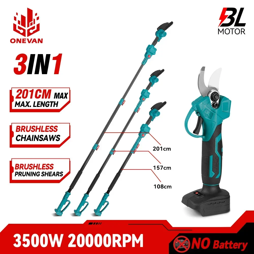 ONEVAN Brushless 3-IN-1 High Branch Pruning Shear 6 inch Electric Chainsaw with 201CM Telescoping Pole For Makita 18V Battery