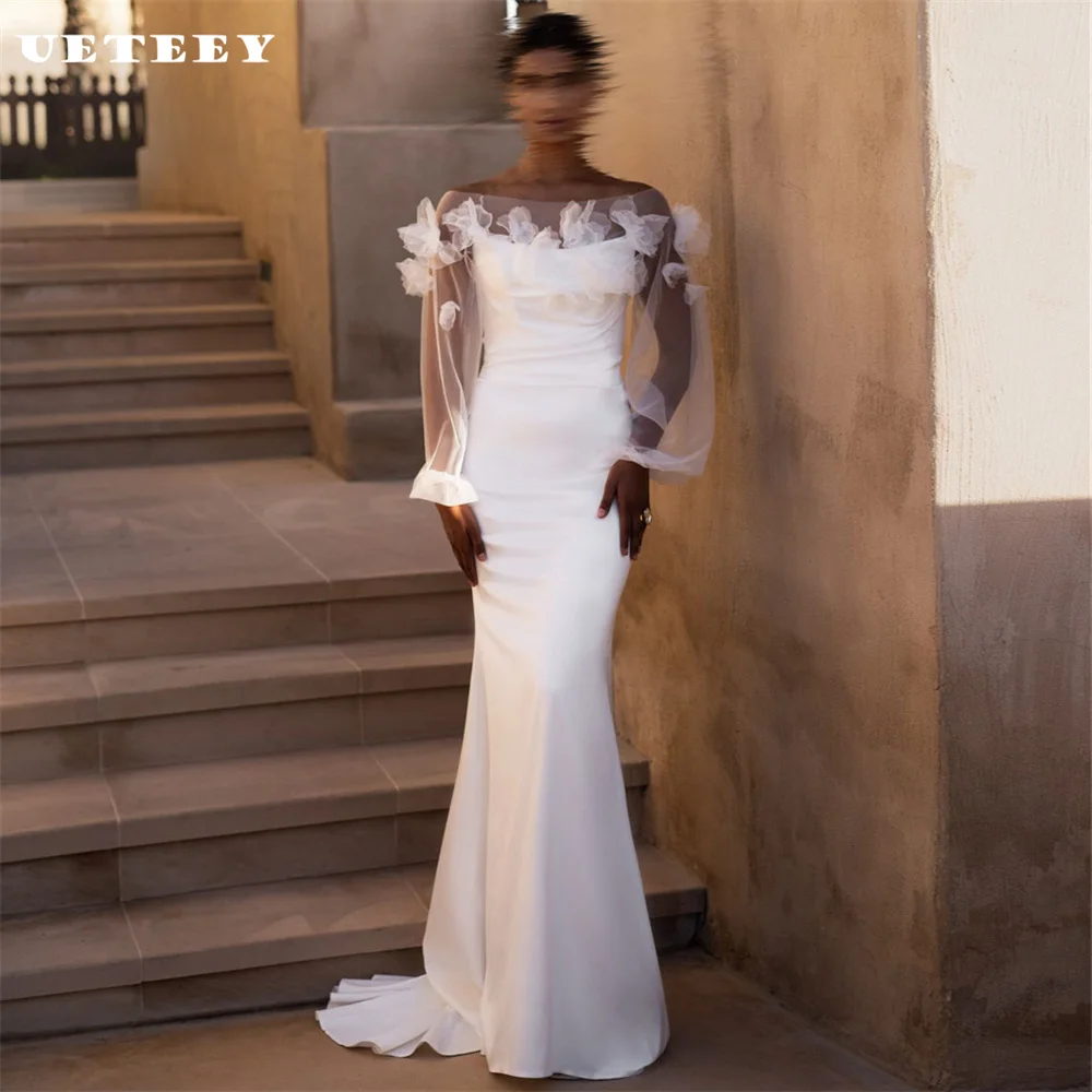 

UETEEY Customized Illusion Off Shoulder Flower Crepe Mermaid Wedding Dress Long Puff Sleeves Zipper Back Court Train Bridal Gown