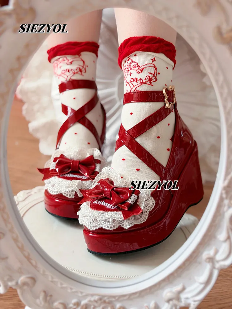 Bow Solid Color PU High Heels Shoes Original Sweet Cute Girls Wedge Heels Versatile Waterproof Table Lace-up Muffin Shoes
