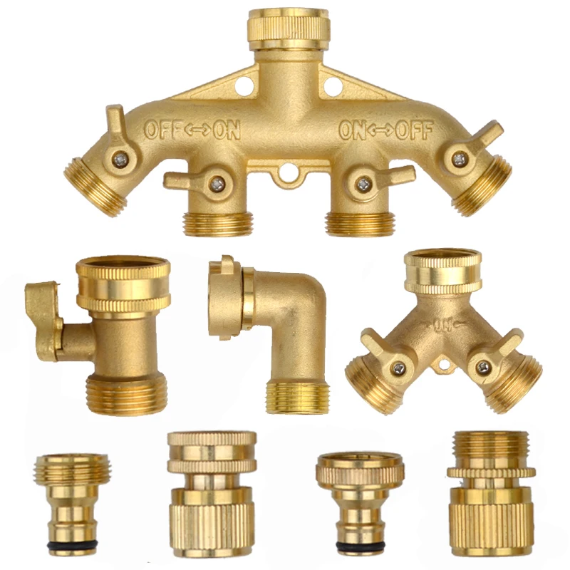 Wytrzymały mosiężny 1-2-4 way Splitter wąż ogrodowy sześciokątne złącze z wygodny uchwyt zaworami odcinającymi Adapter do kranu