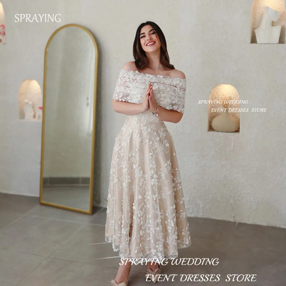 SPRAYING A-Line Detachable Shawl Vestidos de fiesta elegant para mujer Lace Flower Long One line collar Party Dress Customized